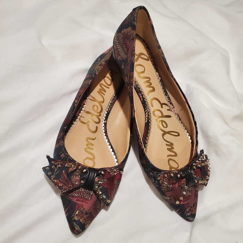 Sam Edelman Raisa Studded Black Bird Jacquard Pointed Flats - Picture 9 of 11